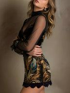 Floral Velvet Mini Dress Sheer Mesh Sleeves (14)