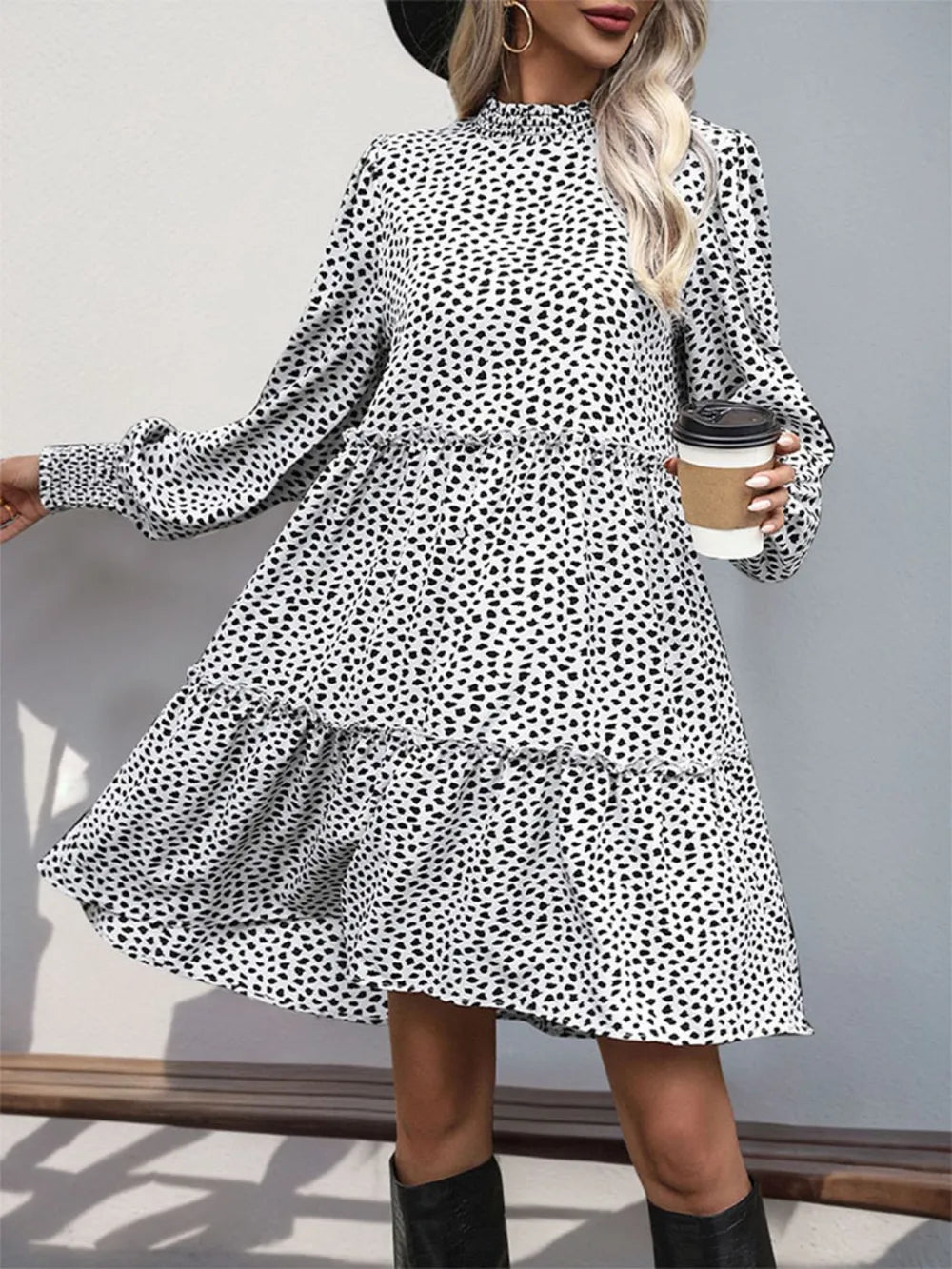 Frill Printed Mock Neck Long Sleeve Mini Dress (14)