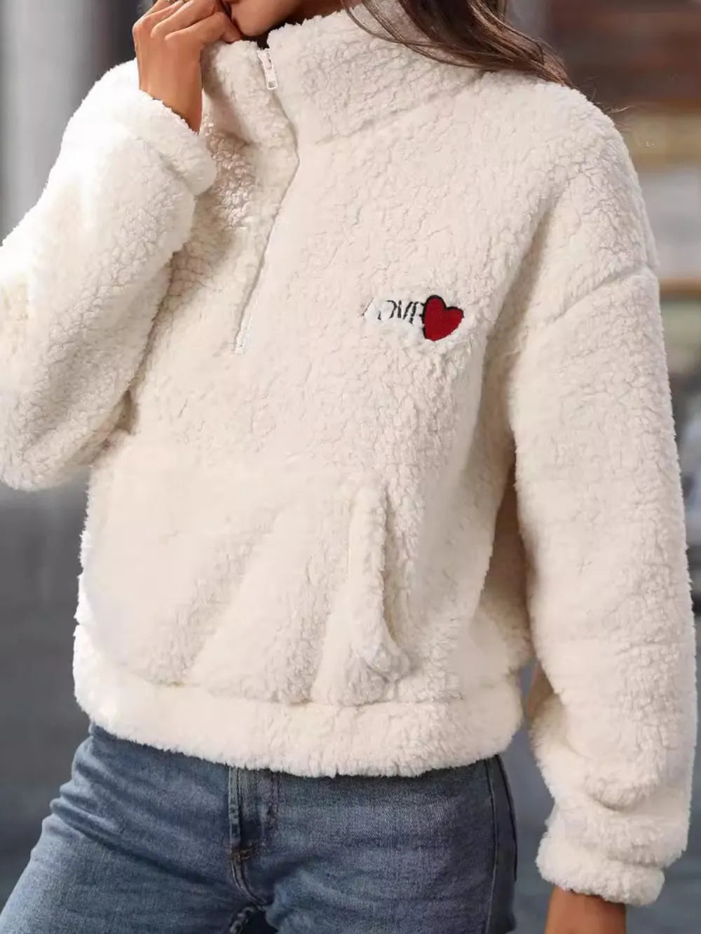 Heart Half Zip Long Sleeve Teddy Sweatshirt (4)