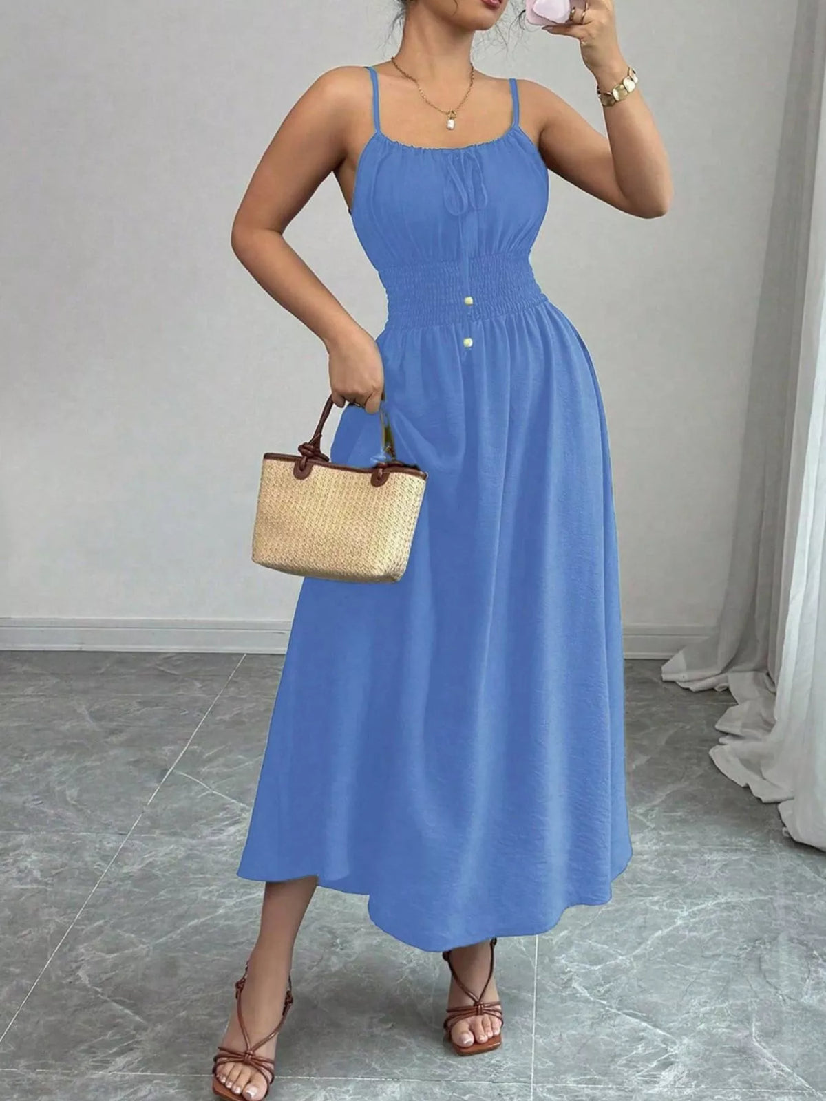 Smocked Spaghetti Strap Midi Dress (4)