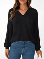 Ribbed Knit V-neck Long Sleeve T-shirt (13)