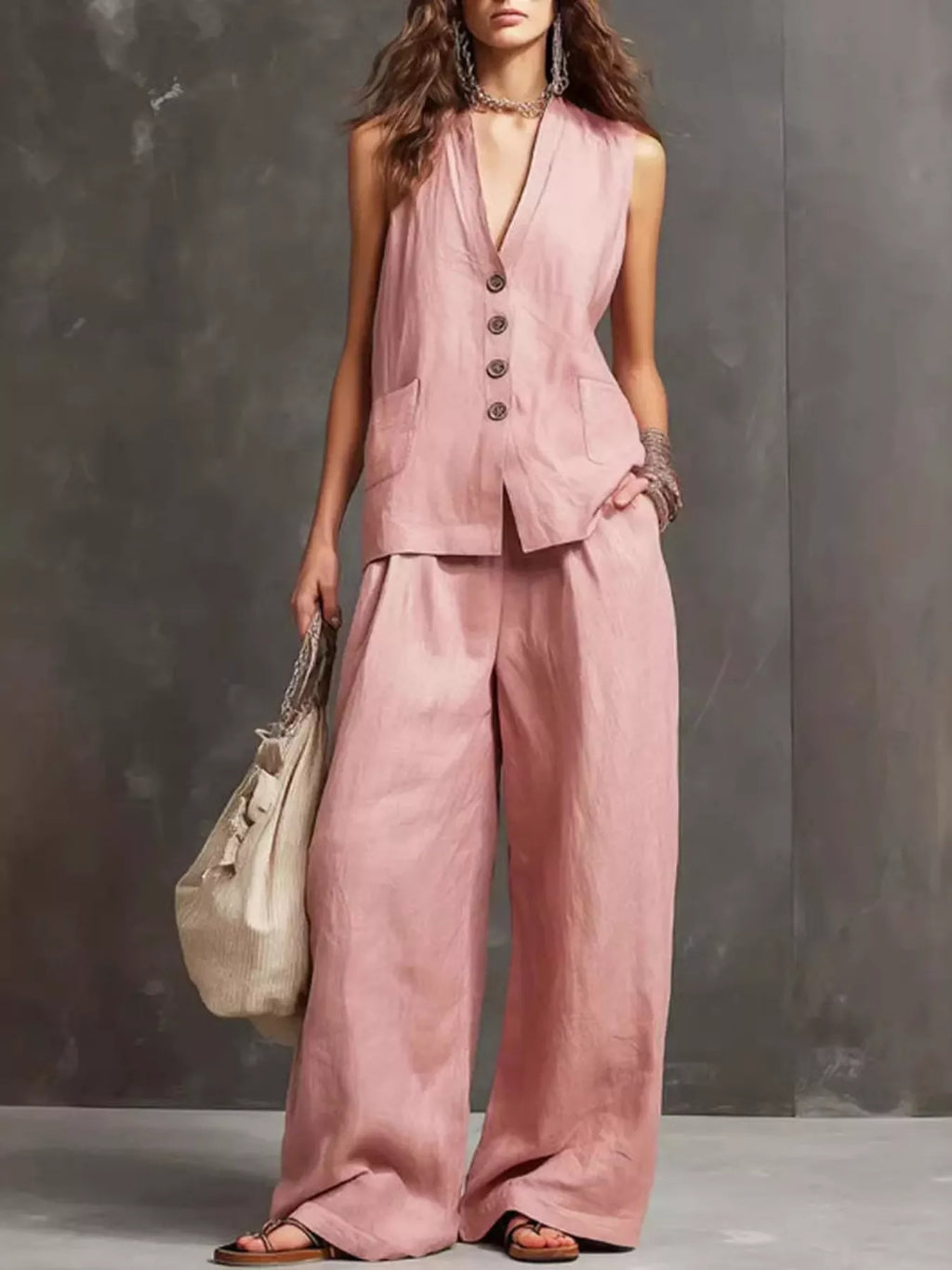 Full Size Sleeveless Vest Wide-leg Pants Set Plus