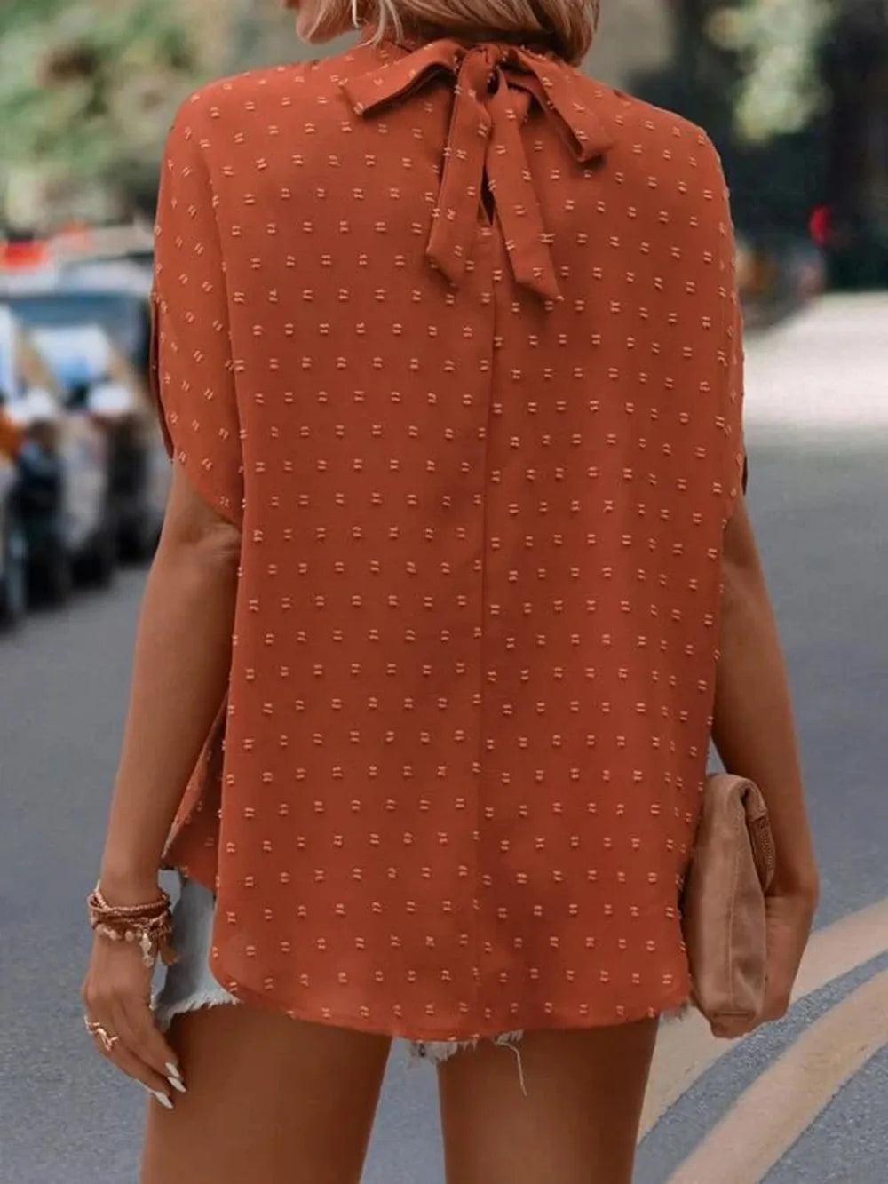 Swiss Dot Mock Neck Half Sleeve Blouse (19)