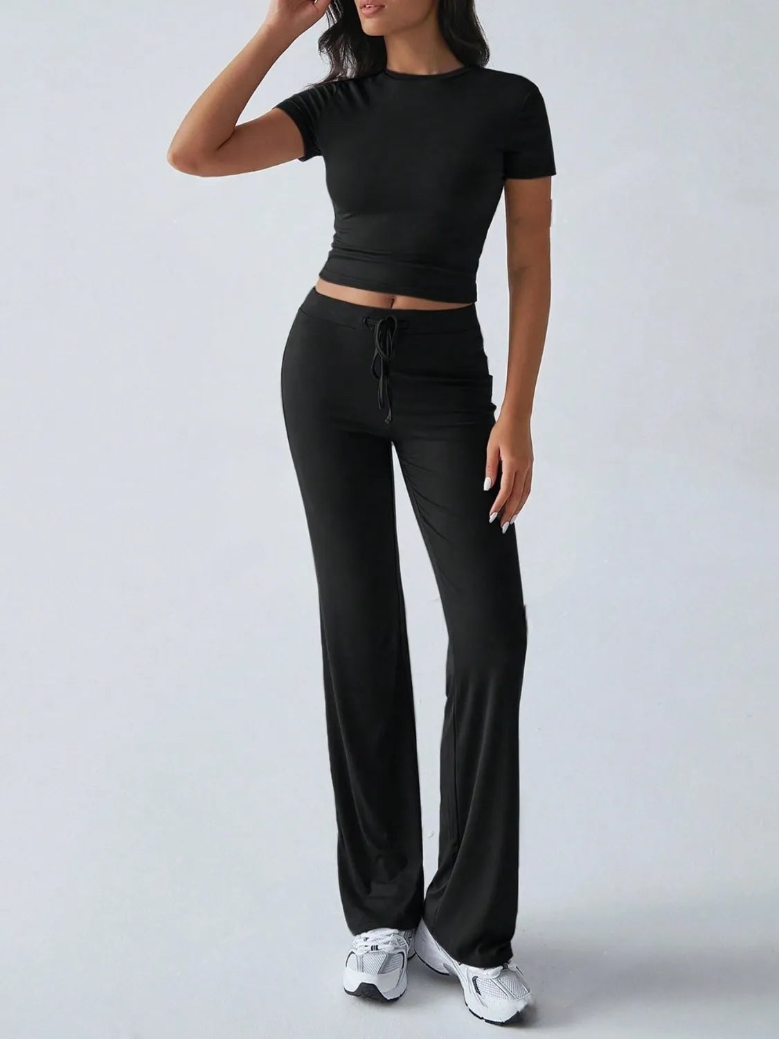 Round Neck Short Sleeve Top Pants Set (32)