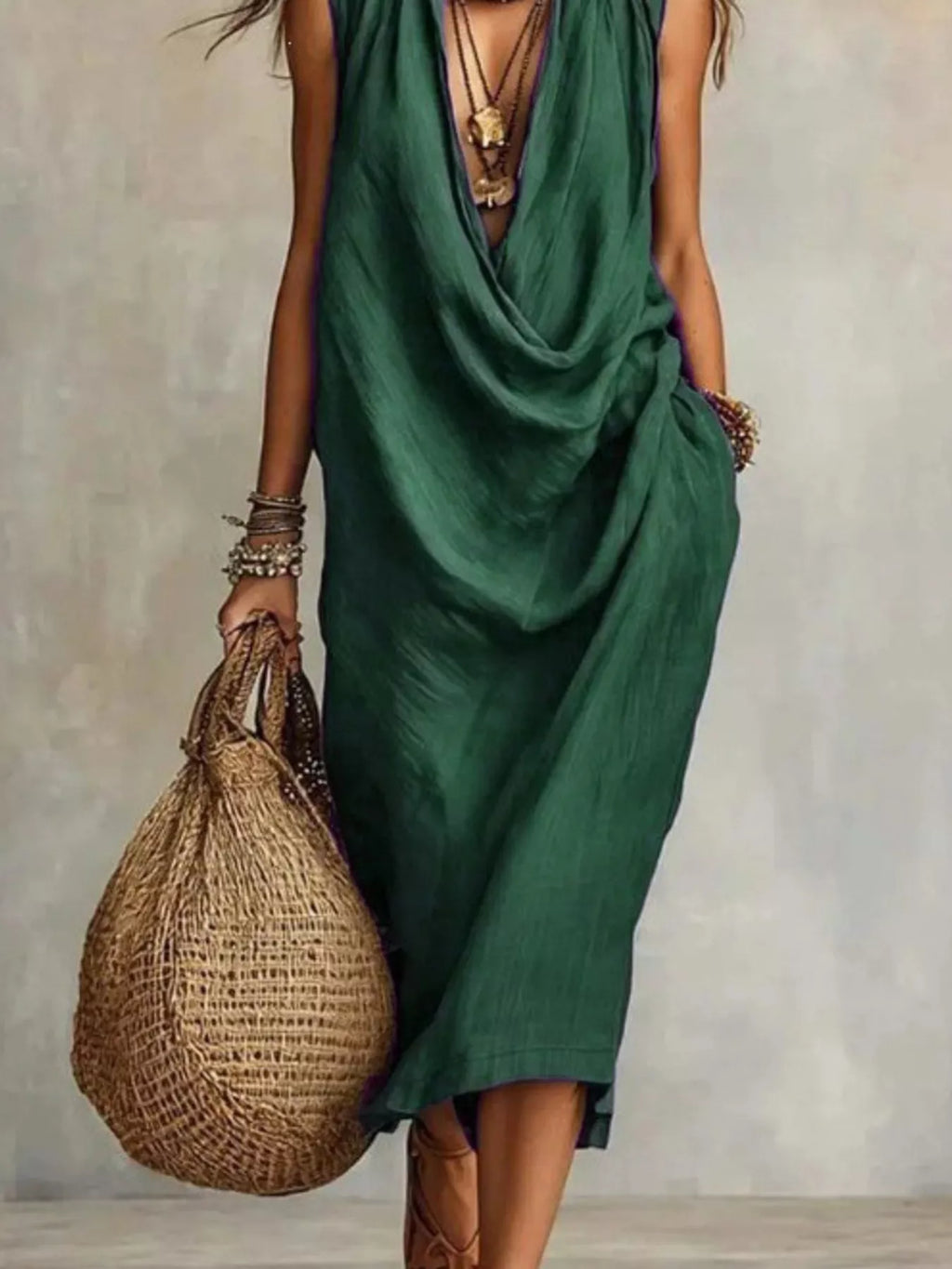 Sleeveless Drape Neck Midi Dress (8)