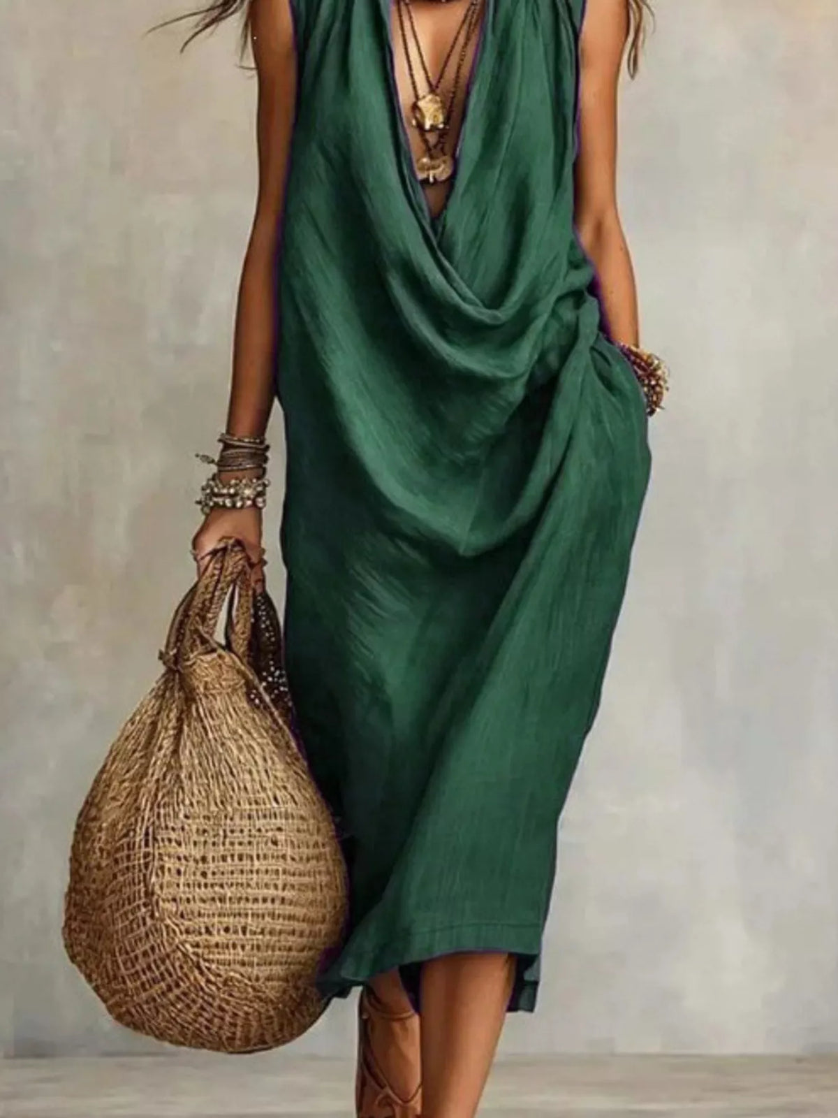 Sleeveless Drape Neck Midi Dress (8)
