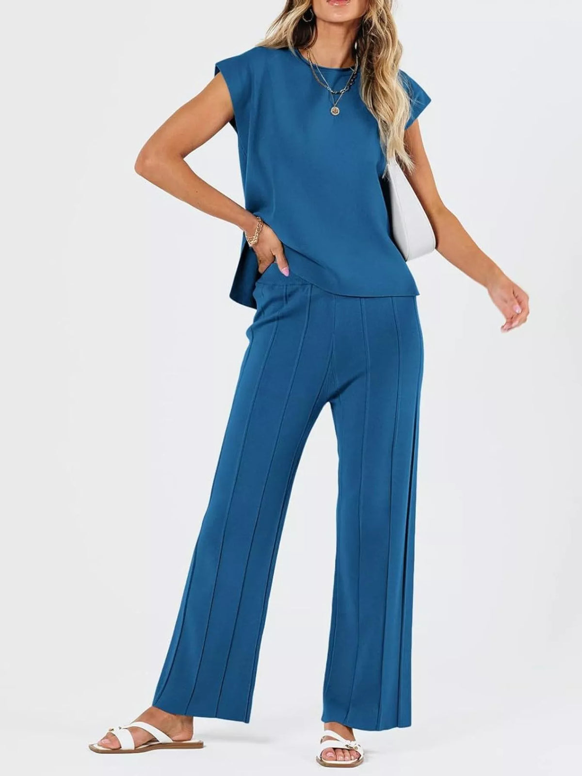Casual Solid Color Cap Sleeve Top Pants Knit Set (2)