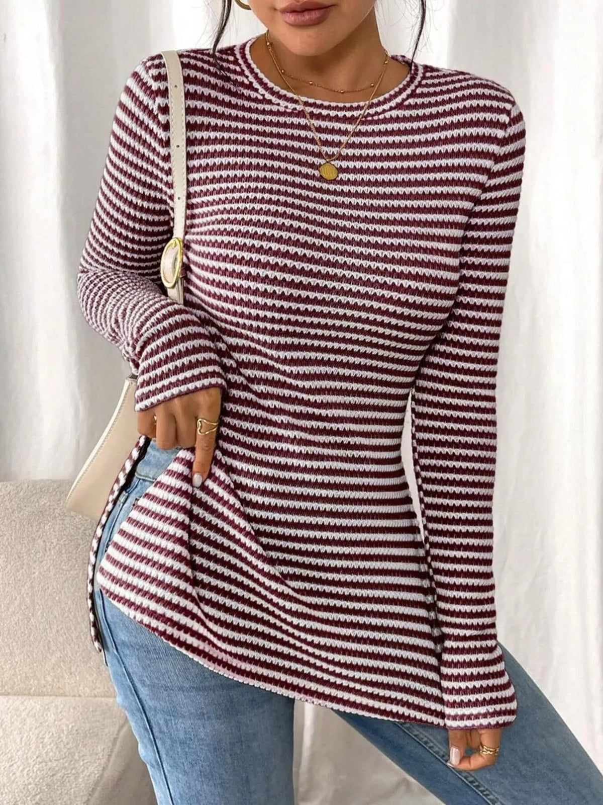 Side Slit Striped Long Sleeve T-shirt (19)
