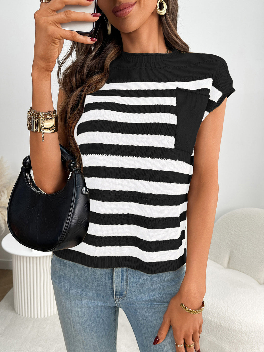 Striped Knit Pocket Detail Cap Sleeve Sweater (10)