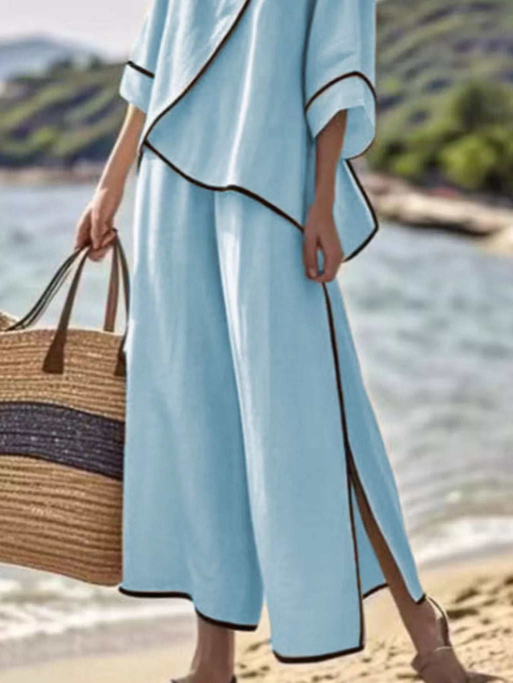 Full Size Contrast Trim Top Wide Leg Pants Set Plus (9)