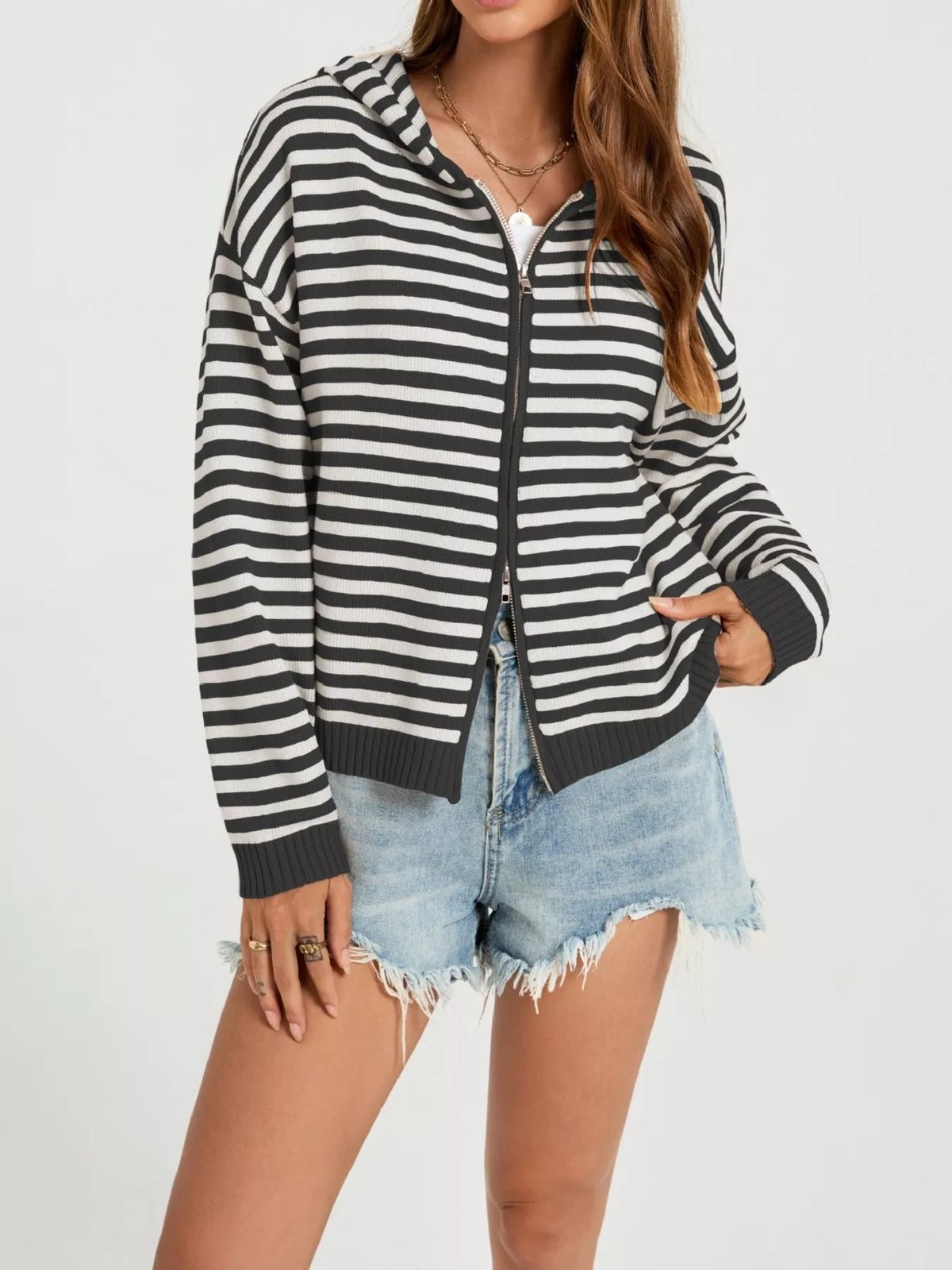 Striped Hooded Zip-up Knit Cardigan (8)