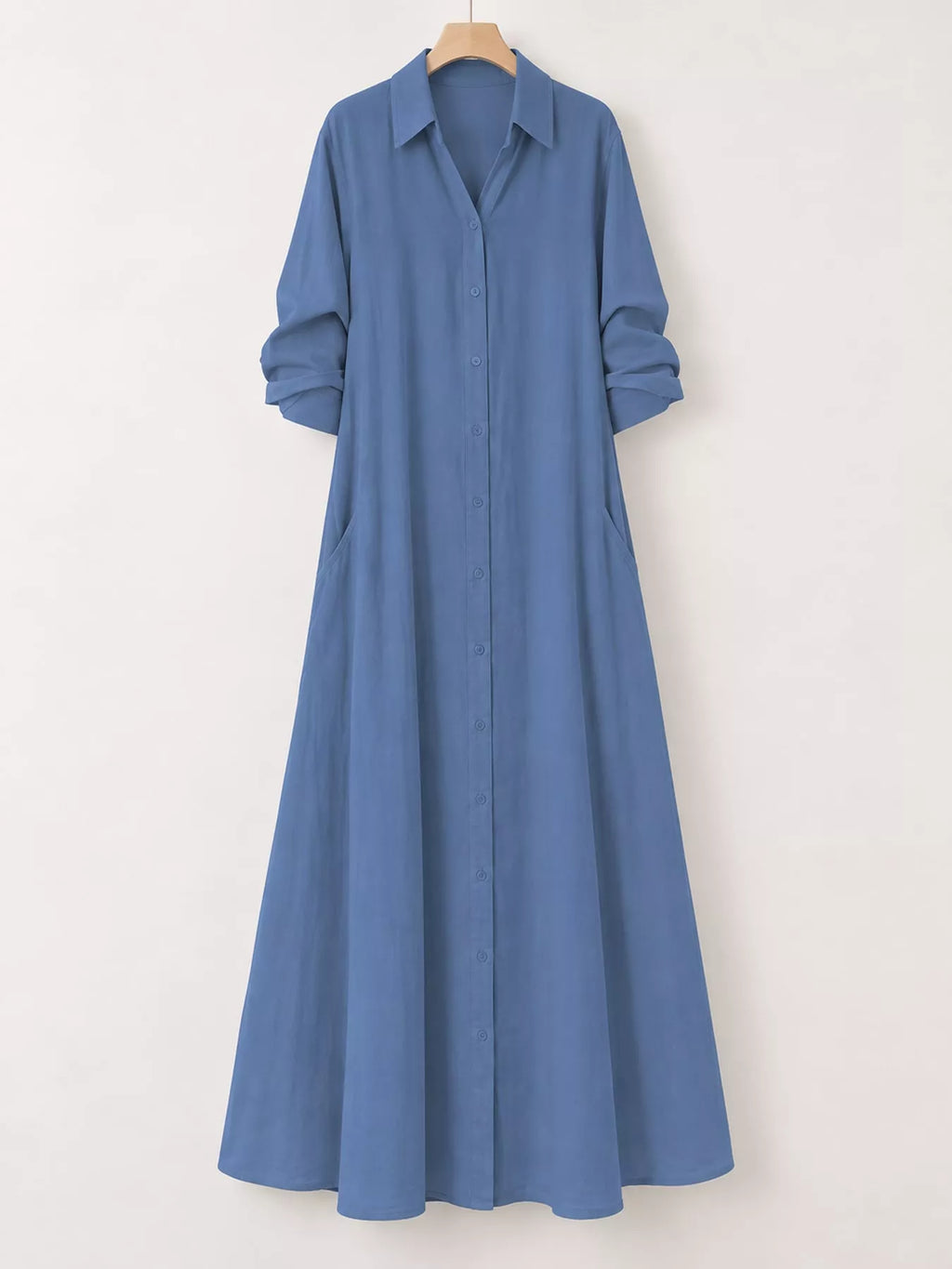 Full Size Button Front Long Sleeve Maxi Shirt Dress Plus (37)