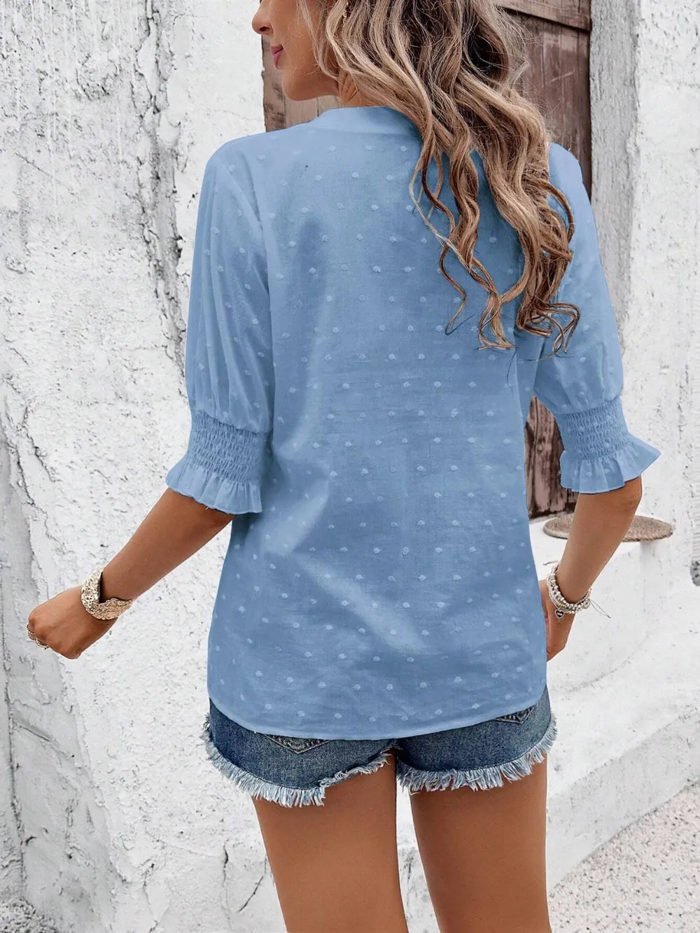 Eyelet Notched Flounce Sleeve Blouse (18)