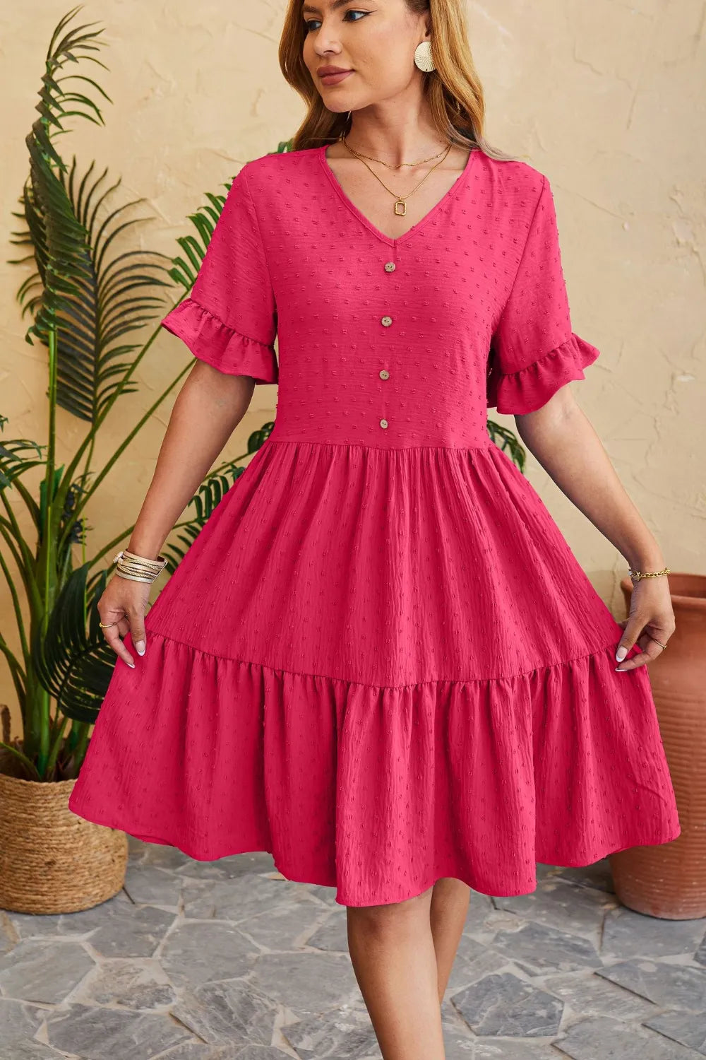 Swiss Dot Ruffled V-neck Tiered Dress