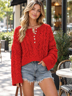 Chic Cable Knit Half-button Openwork Sweater styled on a model