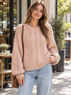 Chunky Cable Knit Round Neck Sweater styled on a model