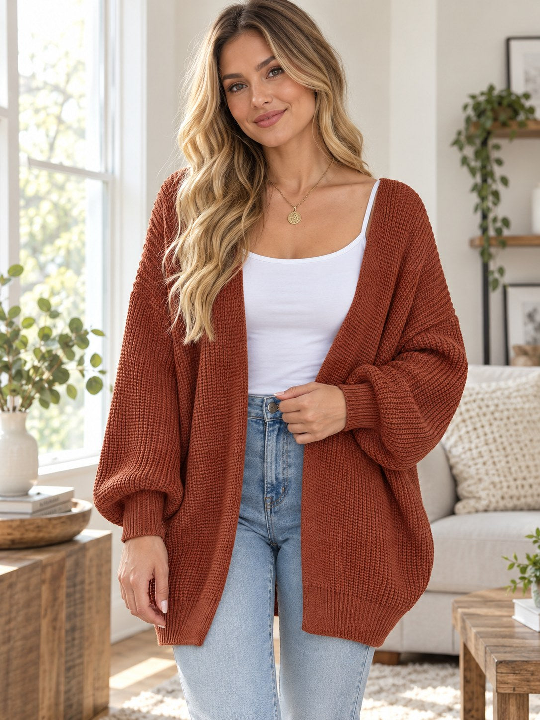 Chunky Knit Open Front Cardigan styled on a model