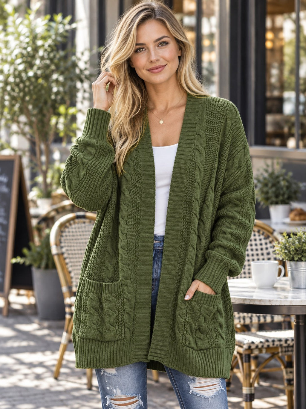 Chunky Knit Open Front Cardigan styled on a model