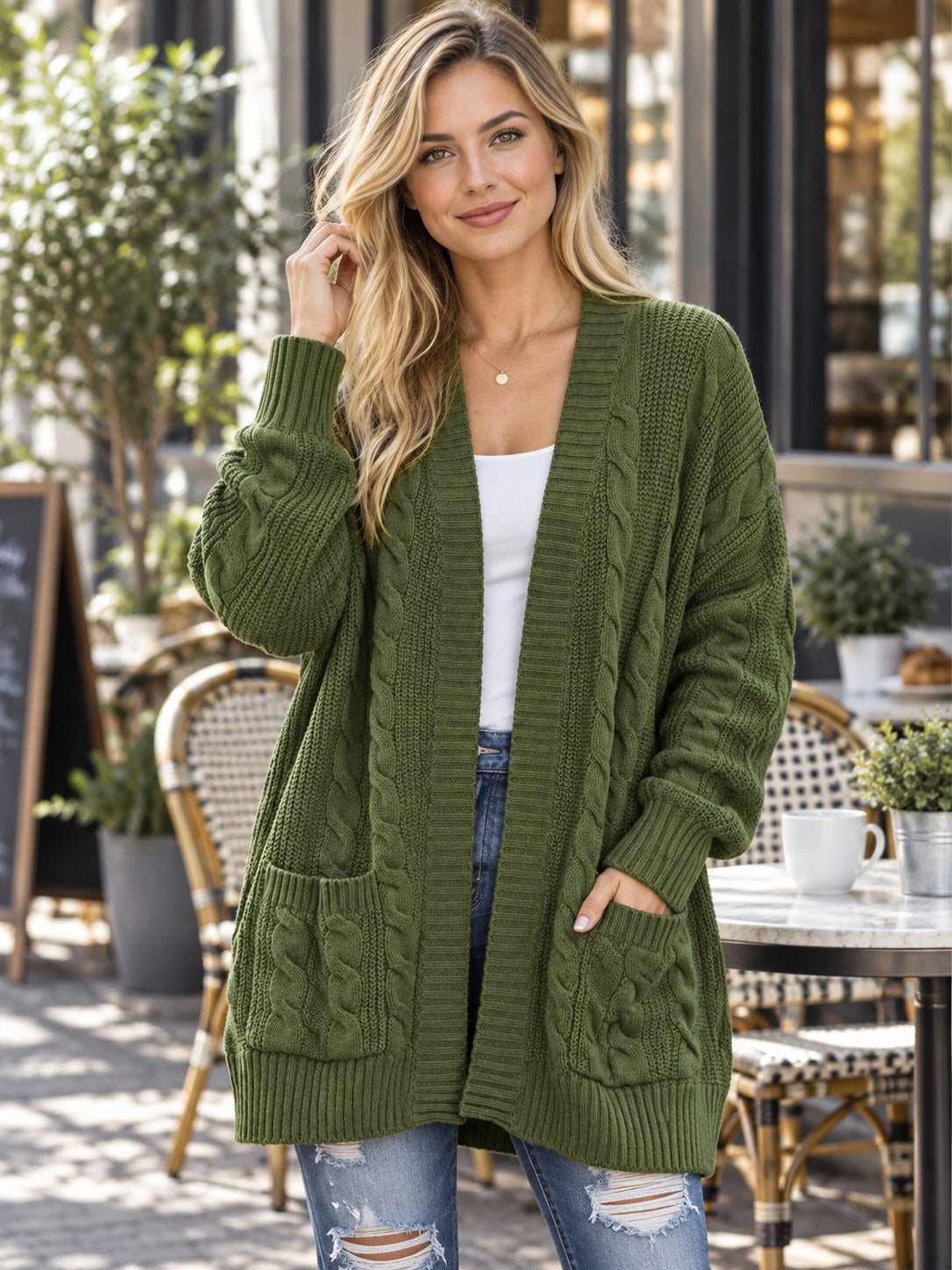 Chunky Knit Open Front Cardigan styled on a model