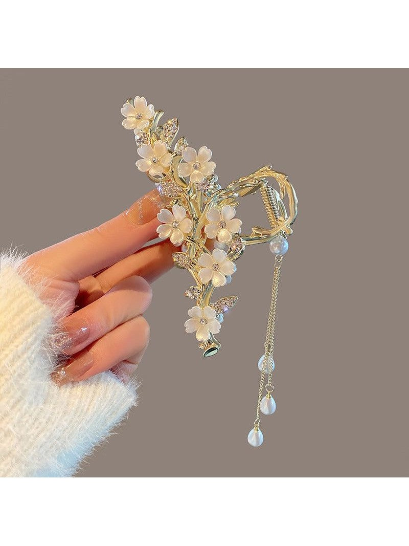 Large Metal Pearl Bell Orchid Tassel Hair Clip