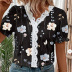 Floral Print Lace Puff Sleeve Shirt