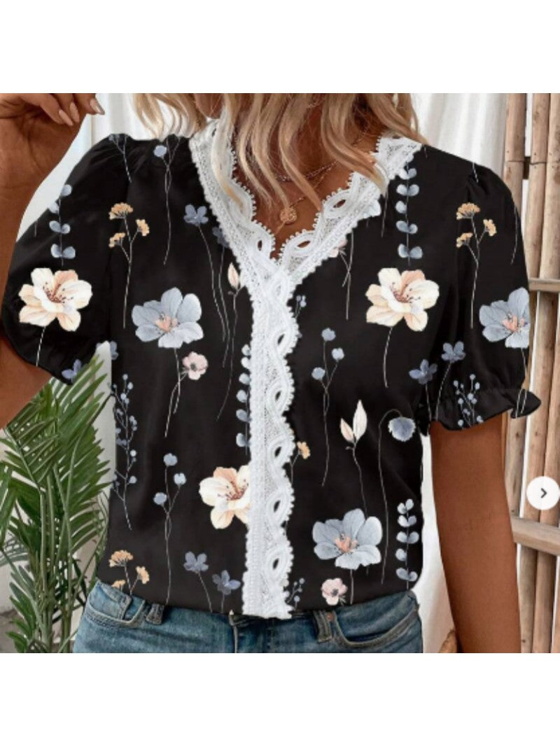 Floral Print Lace Puff Sleeve Shirt