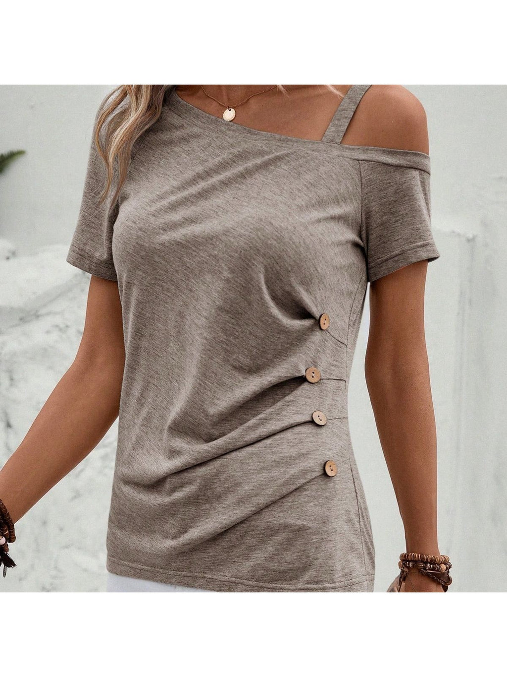 Emery Rose Asymmetrical Collar Button Detail T-shirt