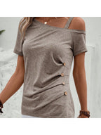 Emery Rose Asymmetrical Collar Button Detail T-shirt