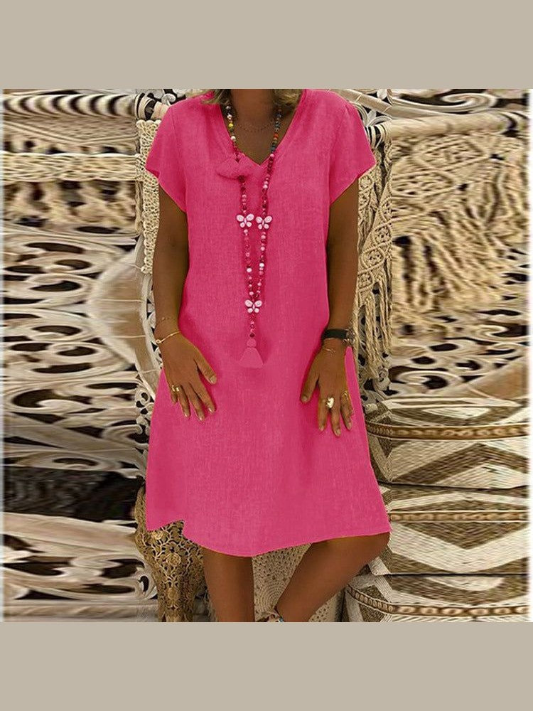 Print Short-sleeved V-neck Mid-length Dress