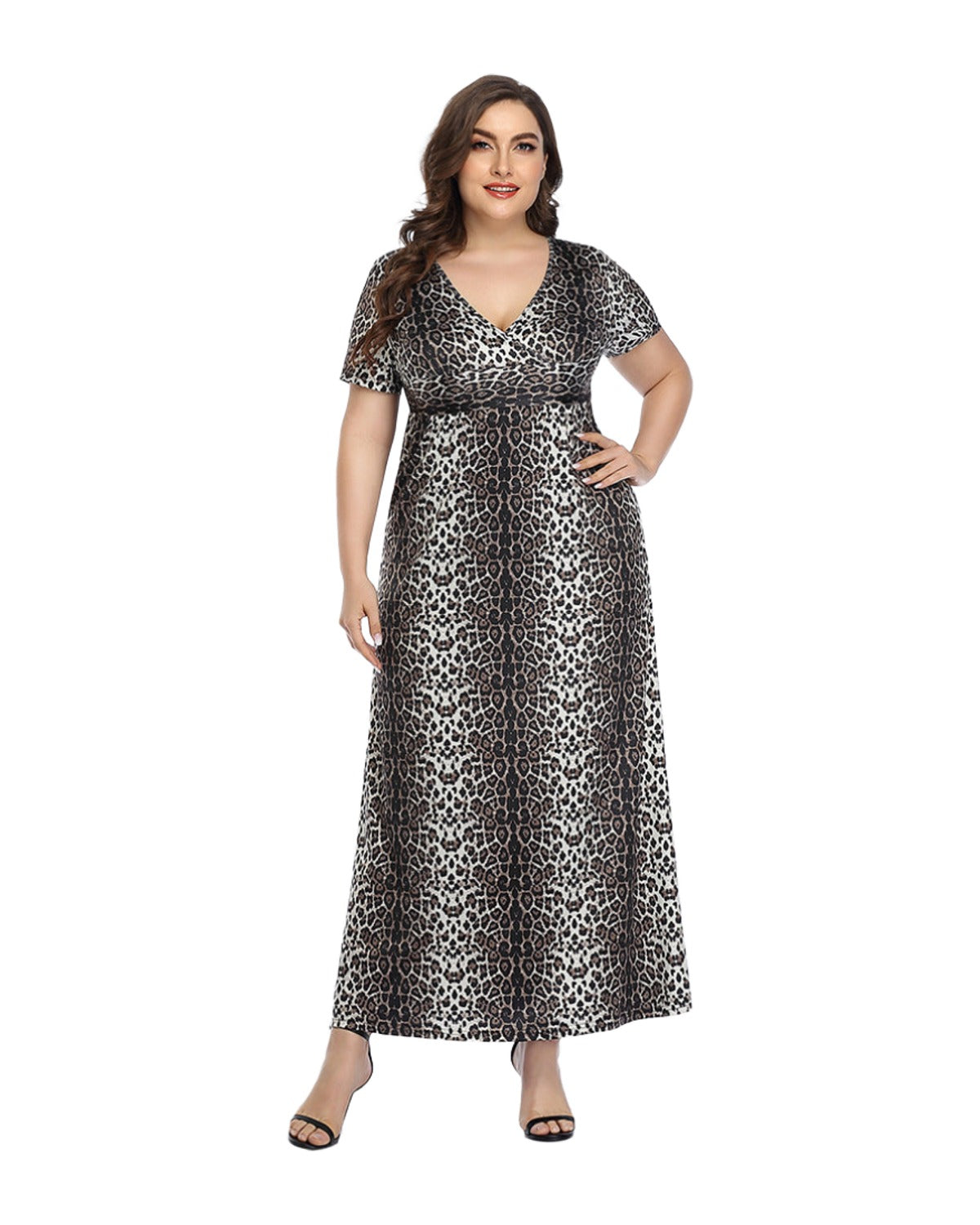 Broken Beautiful Leopard V-neck Long Dress Short Sleeves photo 2