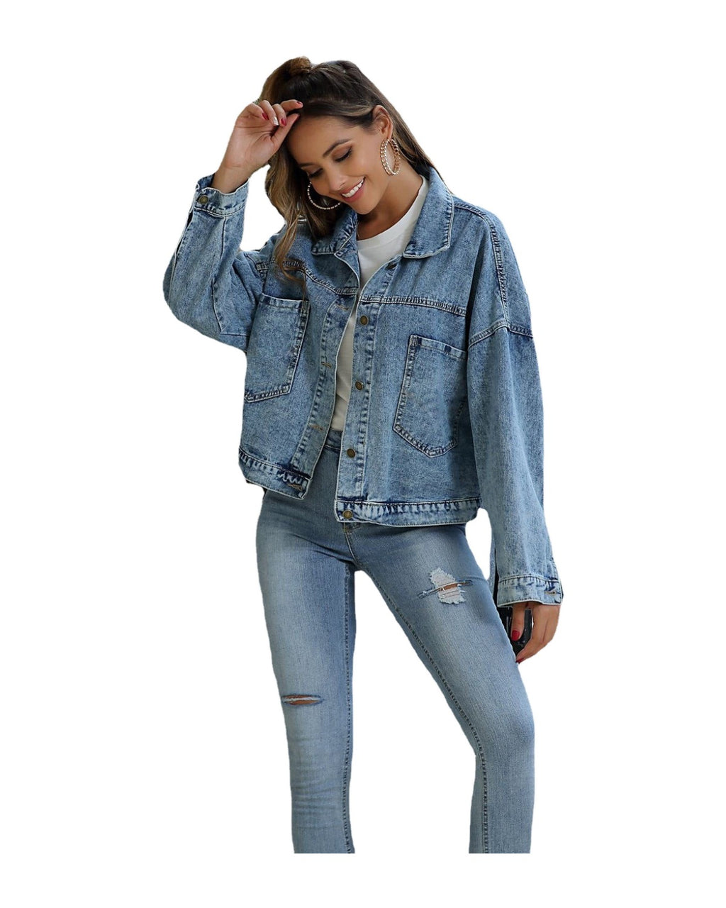 Water Blue Short Loose Casual Denim Jacket photo 1