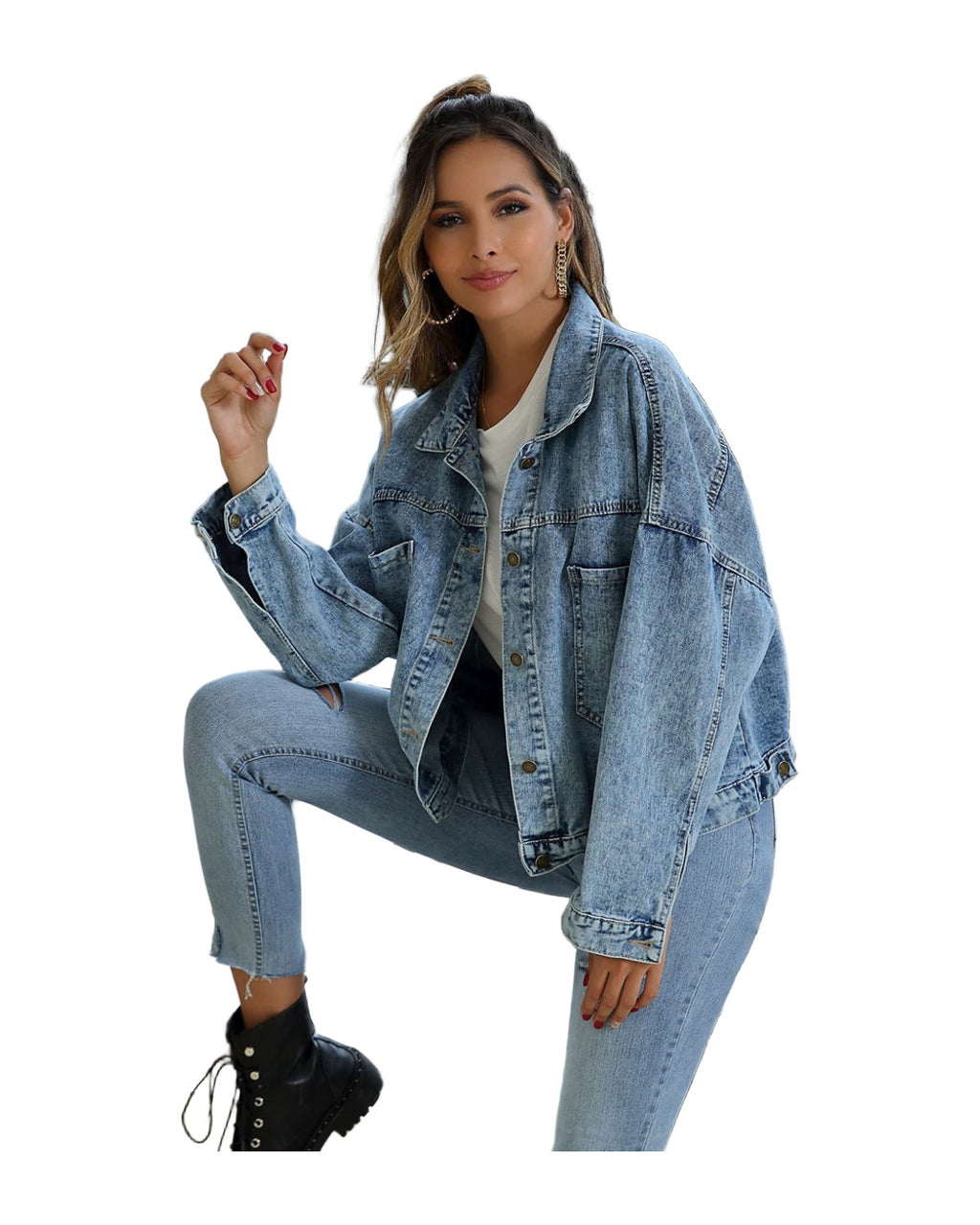 Water Blue Short Loose Casual Denim Jacket photo 5