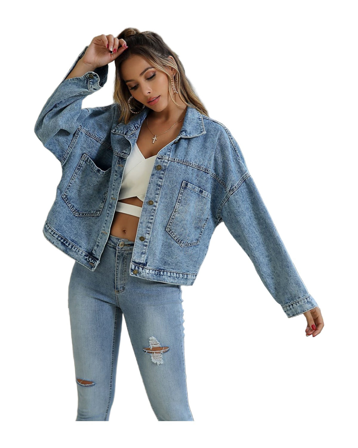 Water Blue Short Loose Casual Denim Jacket photo 6