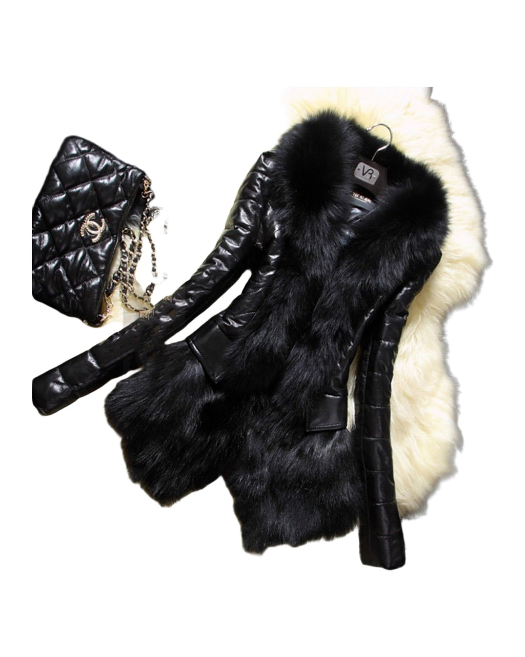 Faux Fur Large Fur Collar Leather Jacket photo 4