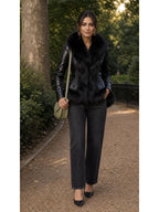 Faux Fur Large Fur Collar Leather Jacket worn by a model