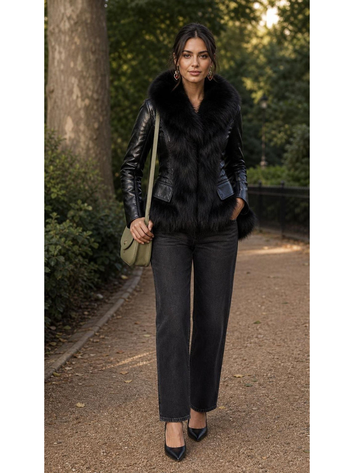 Faux Fur Large Fur Collar Leather Jacket worn by a model
