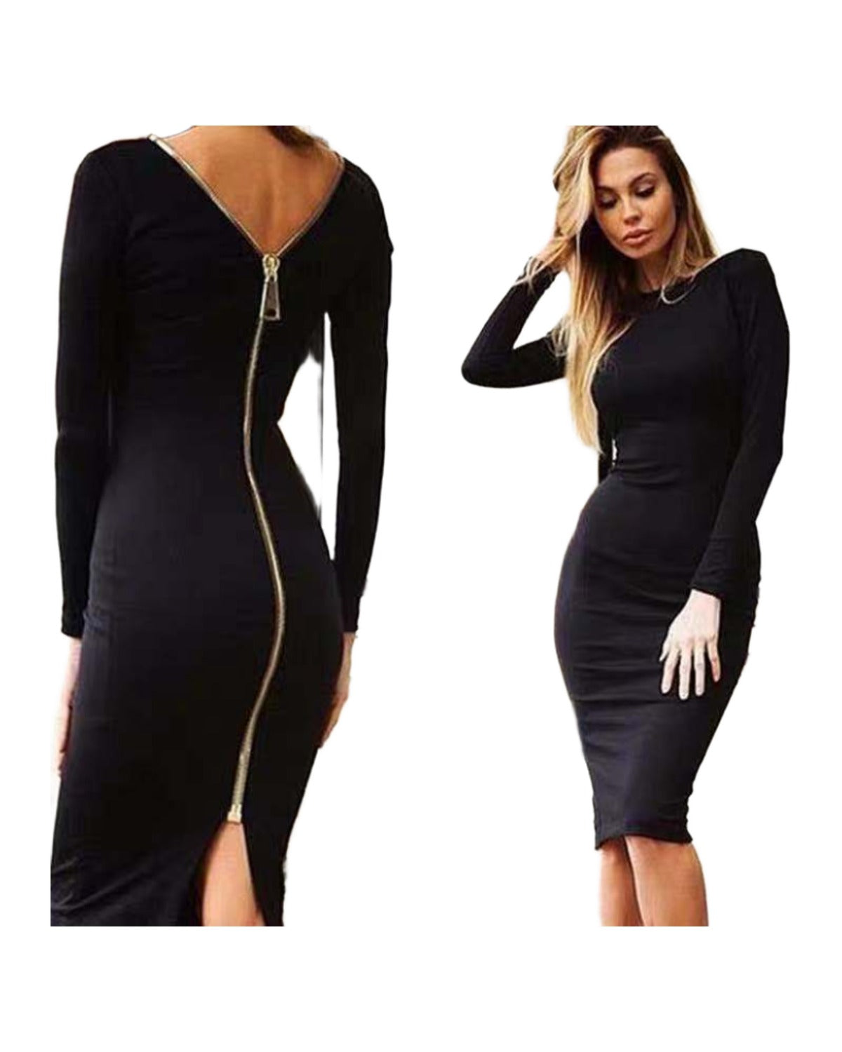 Slim Deep V Metal Zipper Front Back Bandage Dress photo 2