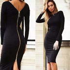 Slim Deep V Metal Zipper Front Back Bandage Dress
