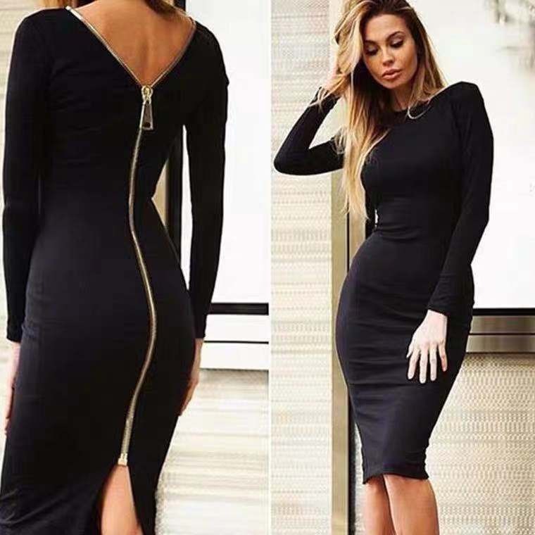 Slim Deep V Metal Zipper Front Back Bandage Dress