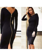 Slim Deep V Metal Zipper Front Back Bandage Dress