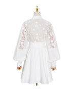 Stand Collar Lantern Sleeve Lace Perspective Short Dress photo 11
