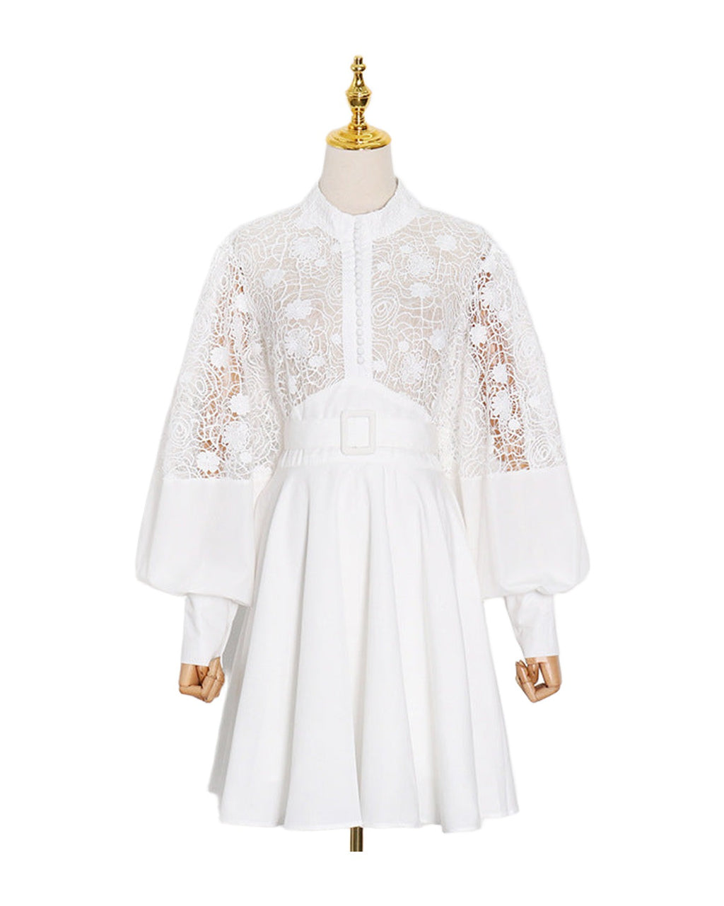 Stand Collar Lantern Sleeve Lace Perspective Short Dress photo 2