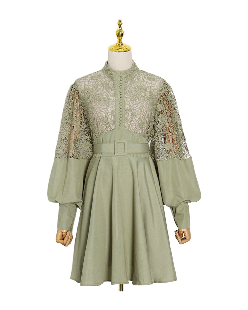 Stand Collar Lantern Sleeve Lace Perspective Short Dress photo 5