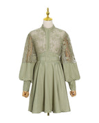 Stand Collar Lantern Sleeve Lace Perspective Short Dress photo 5