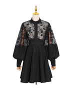Stand Collar Lantern Sleeve Lace Perspective Short Dress photo 8