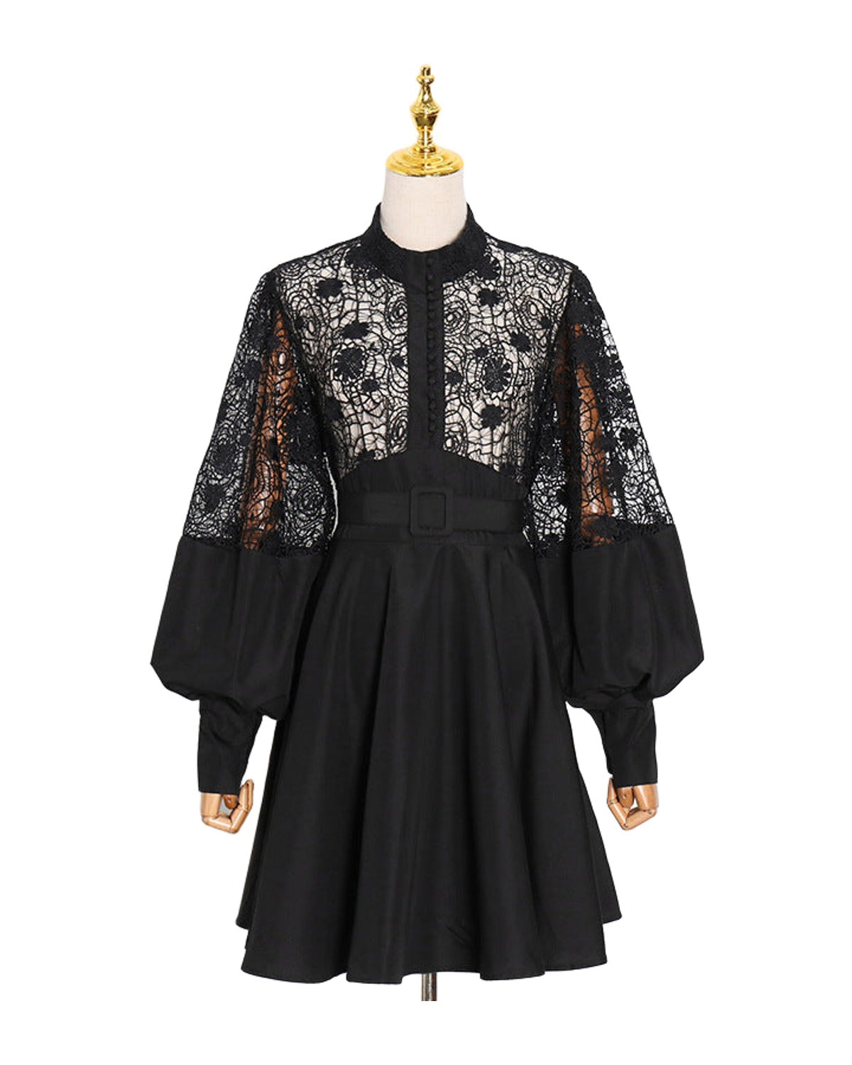 Stand Collar Lantern Sleeve Lace Perspective Short Dress photo 8