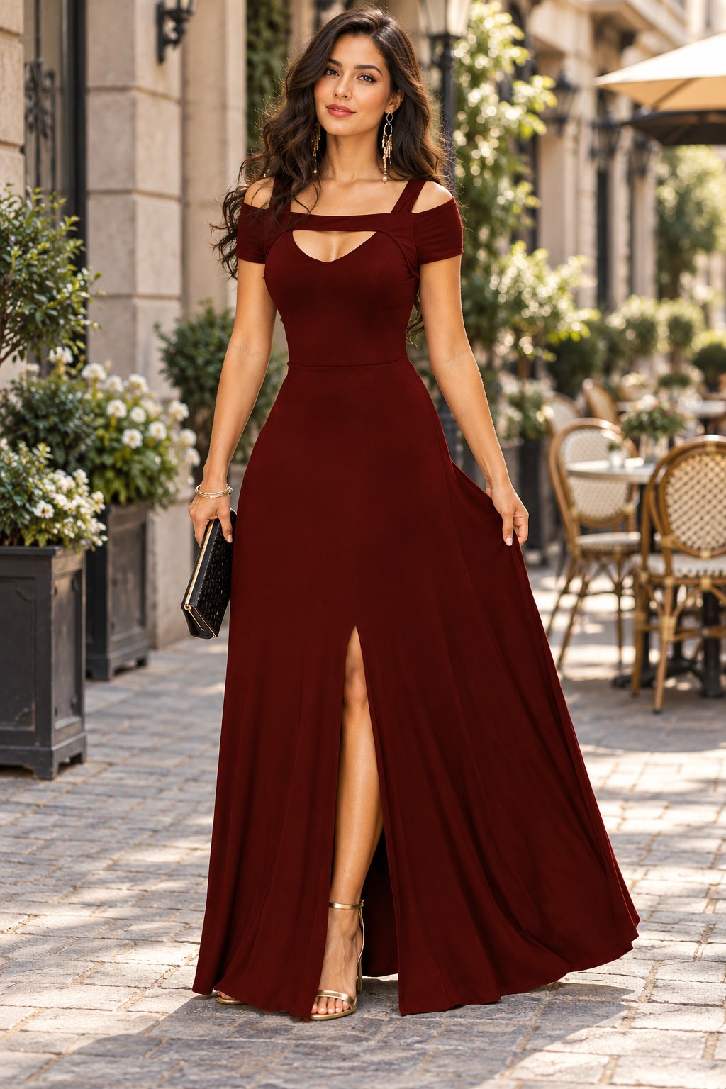 Solid Color V-neck Strapless Split Slim Fit Party Dress styled on a model