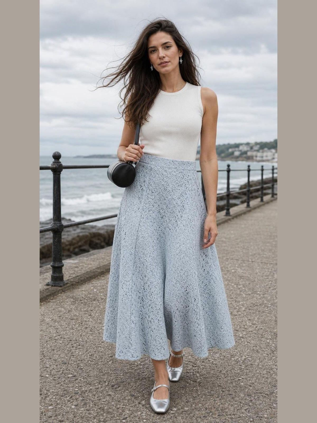 Mid-length Embroidered Retro Skirt worn by a model