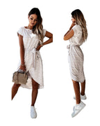 Short Sleeved Round Neck Striped Dress Lace Up Waist Skirt photo 1