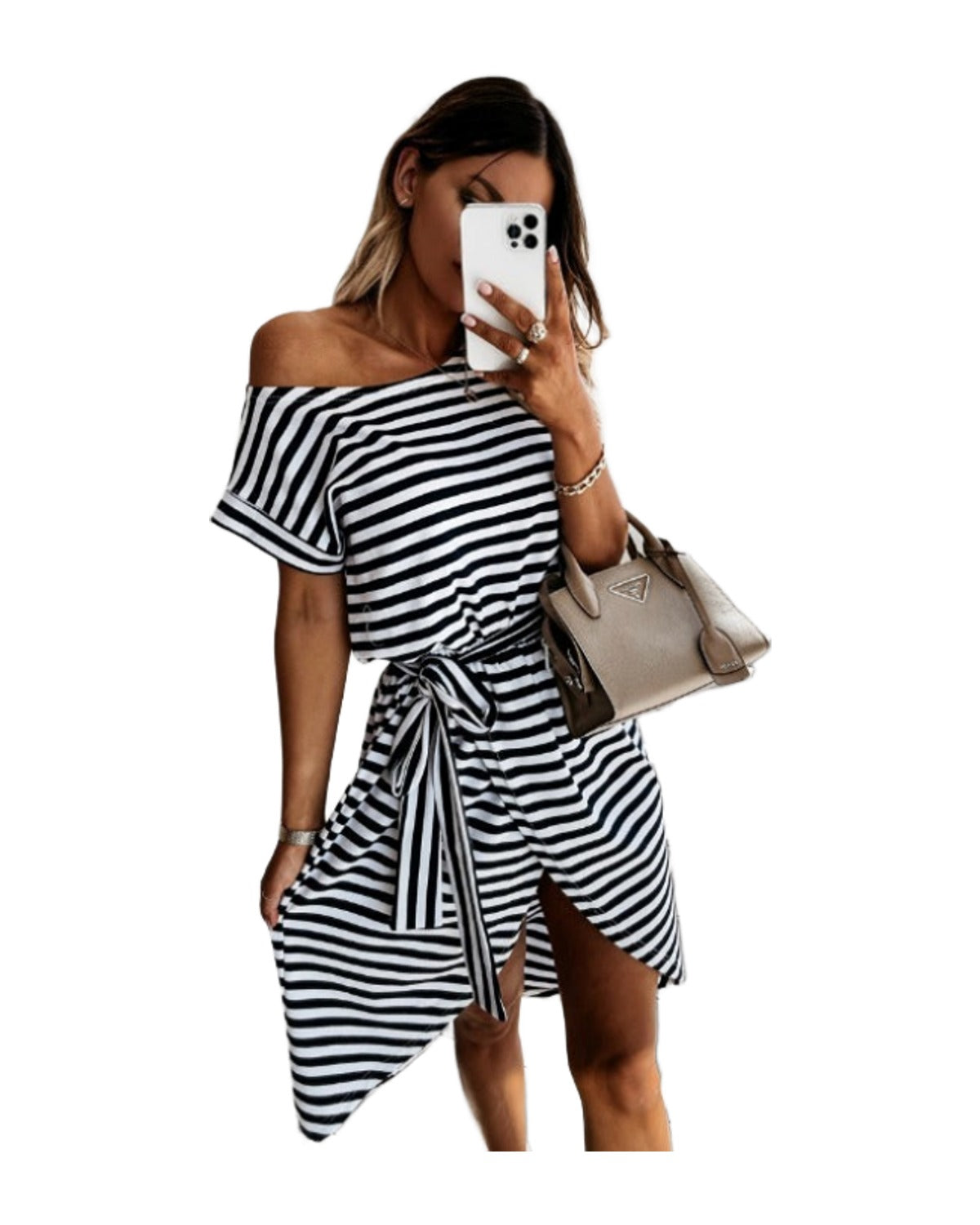 Short Sleeved Round Neck Striped Dress Lace Up Waist Skirt photo 2